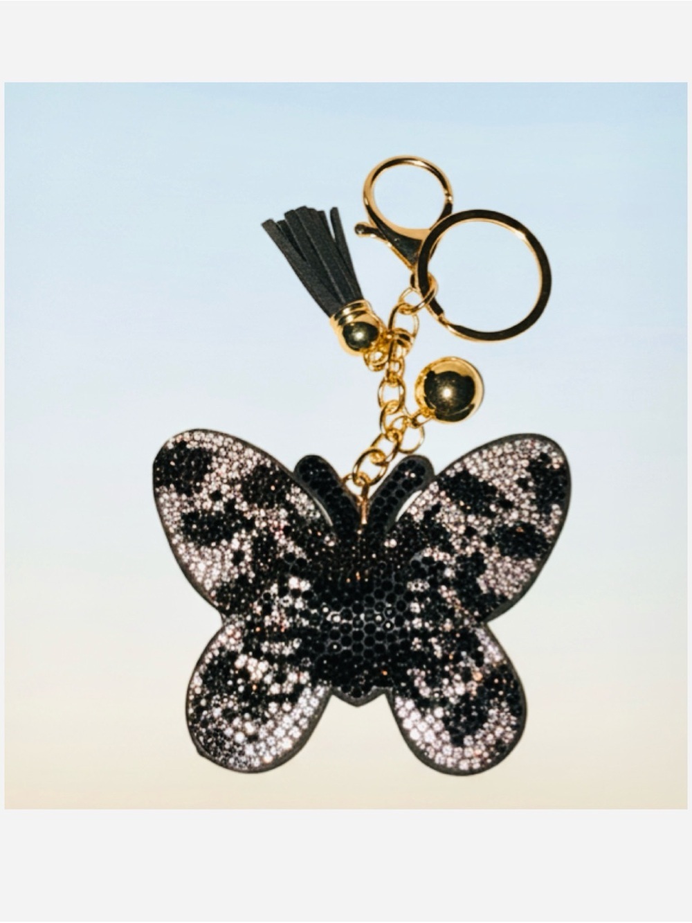 🦋🆕🦋 Butterfly Crystal Keychain Bag Charm - Black & Gold
